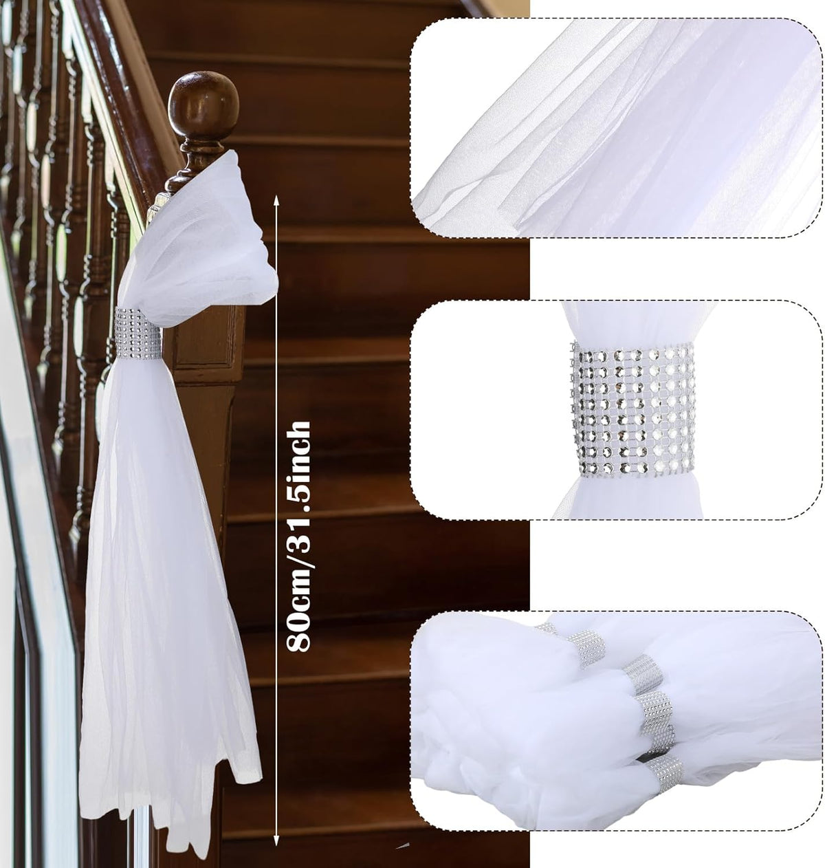 36 Set Wedding Aisle Chair Decorations 31.5 Inch Pew Bows with Long Tulle Tails and Rhinestone wrap