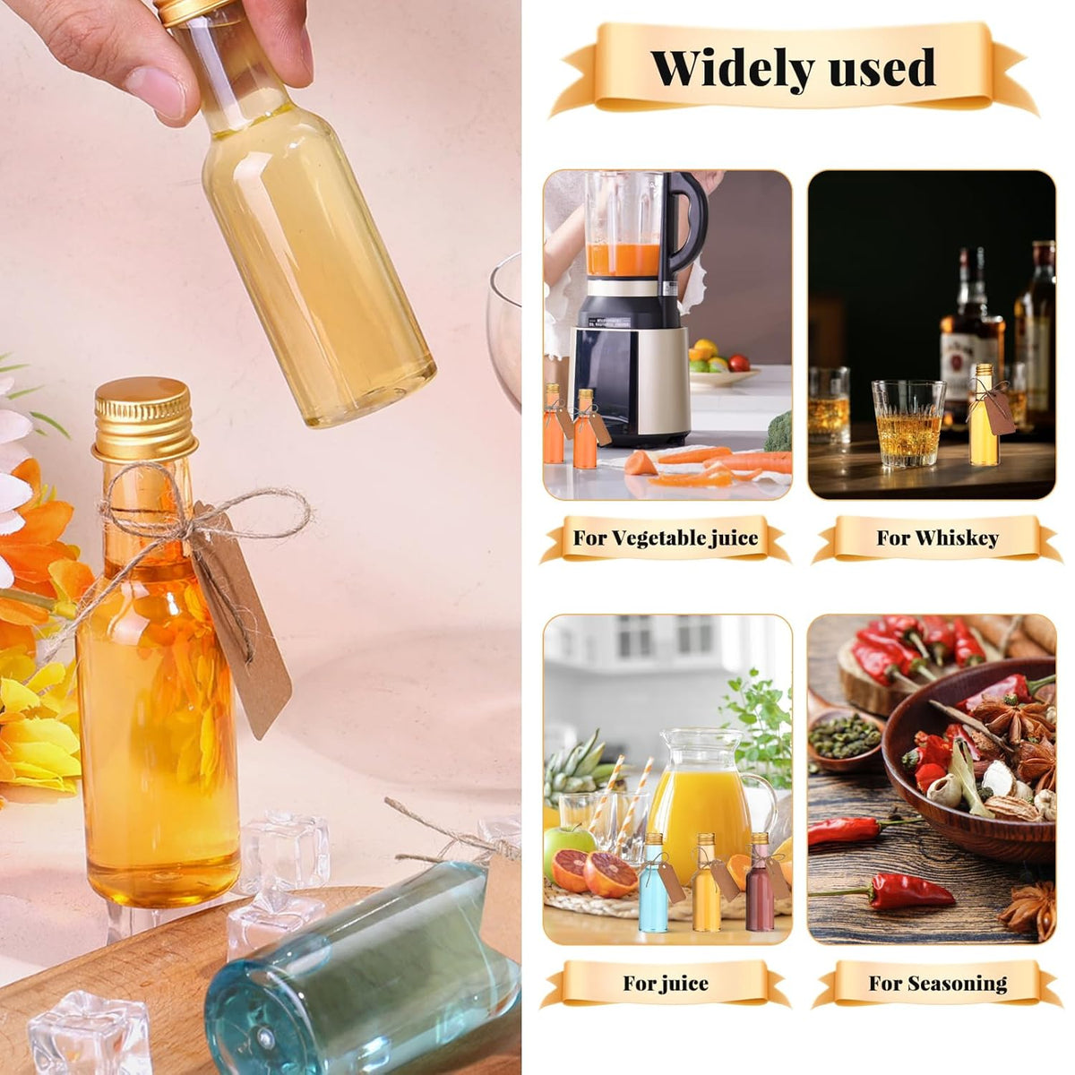 Dualshine 100 Pcs Mini Liquor Bottles, 1.7oz/50ml Shot Bottles with Gold Aluminium Caps, Reusable
