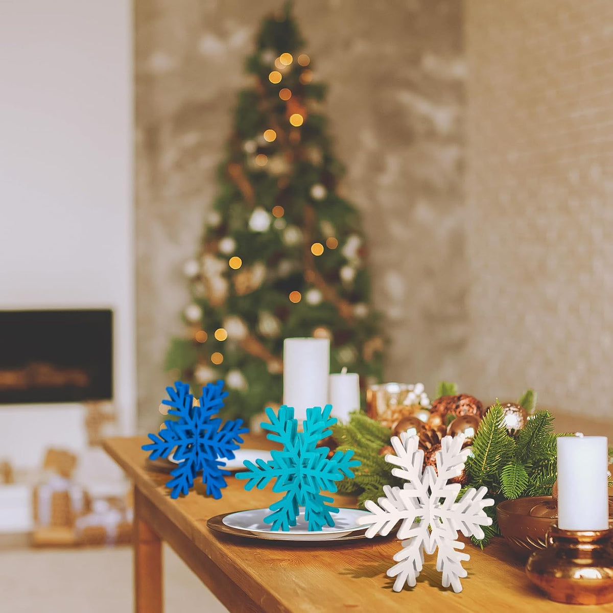 Qunclay 20 Pcs Wooden Snowflake Decorations 3D Snowflake Tabletop Decor Christmas Signs and