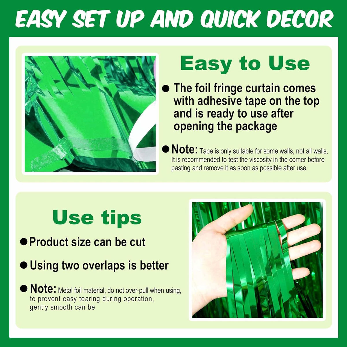 6 Pack Green Foil Fringe Curtains Backdrop, 3.28 x 8.2 Ft Metallic Streamers Tinsel Curtains