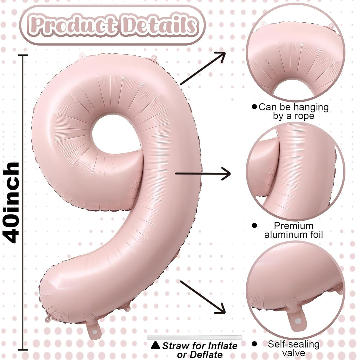 40'' Pink Number Balloon 9, Self Inflating Retro Dusty Pink Foil Number Balloons Set 0-9, Self