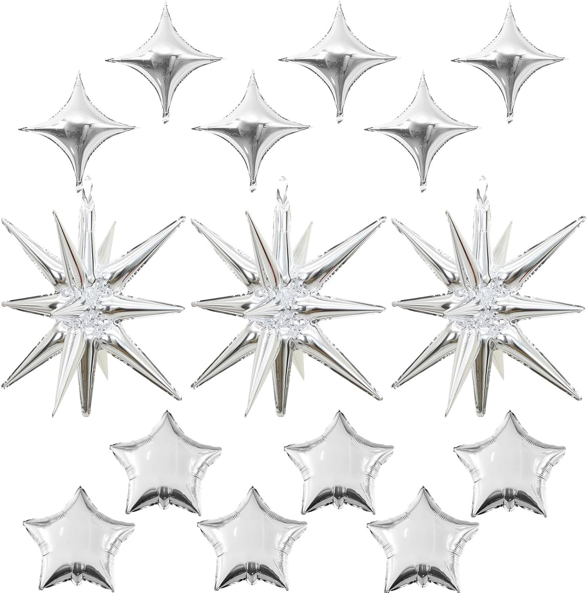 Silver Star Balloons, 22in Large Star Balloons Foil 10in 4-Pointed & Silver Pentagram Balloon for