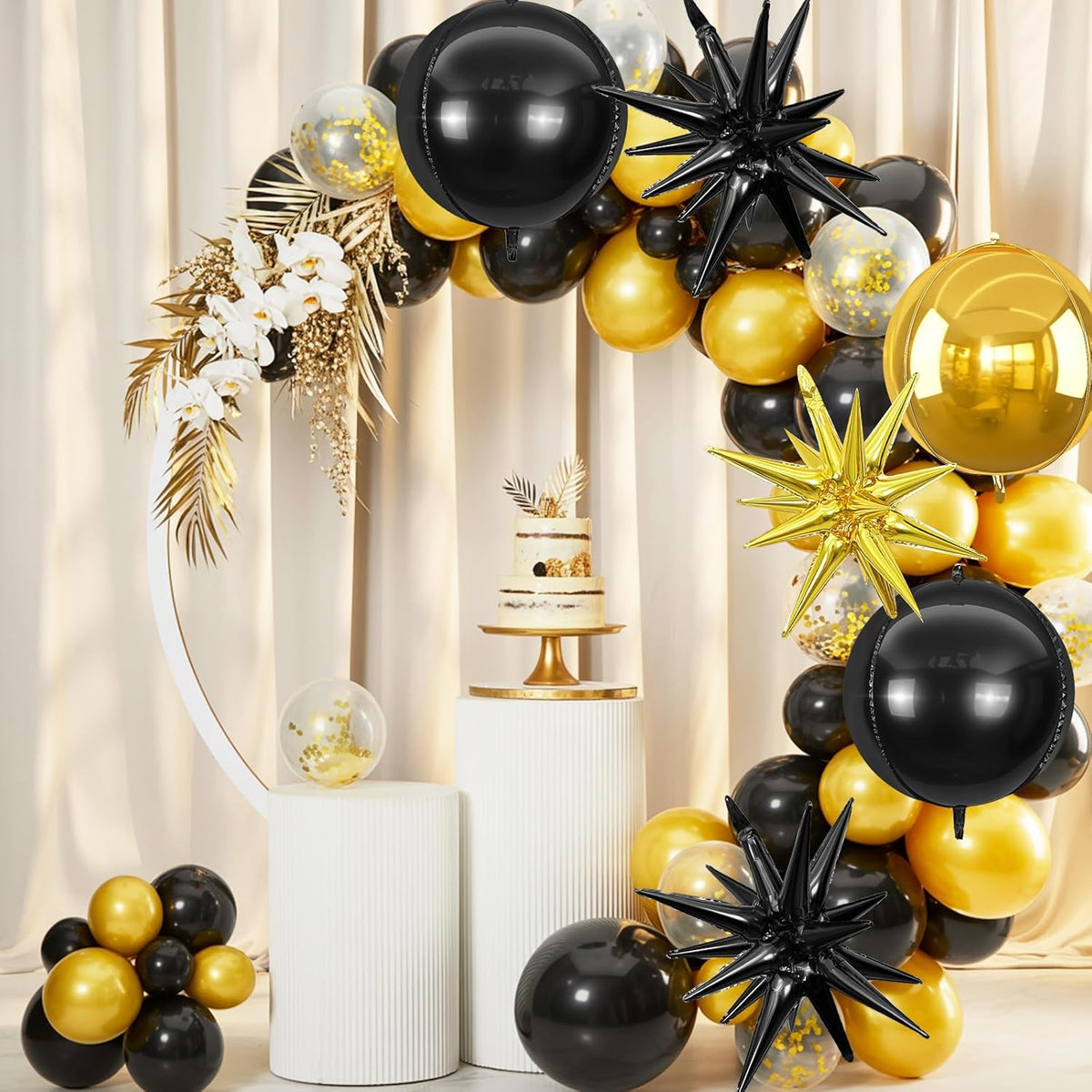 6Pcs Black Gold Foil Balloons,22Inch Gold Black 4D Round Ball Balloon and Explosion Star Balloon