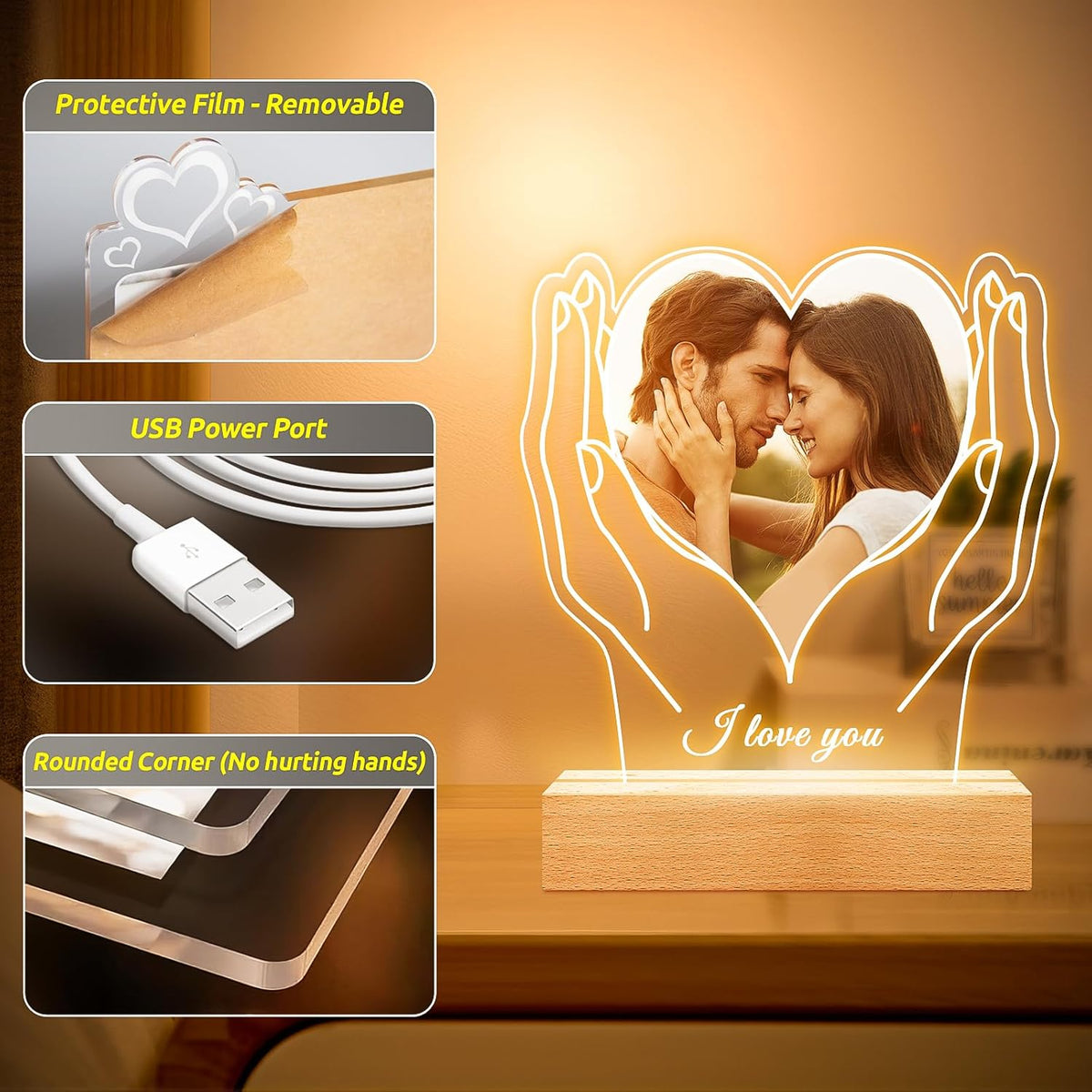 Personalized Picture Frame with Photo, Customized Photo Frame with Night Light, Custom Picture