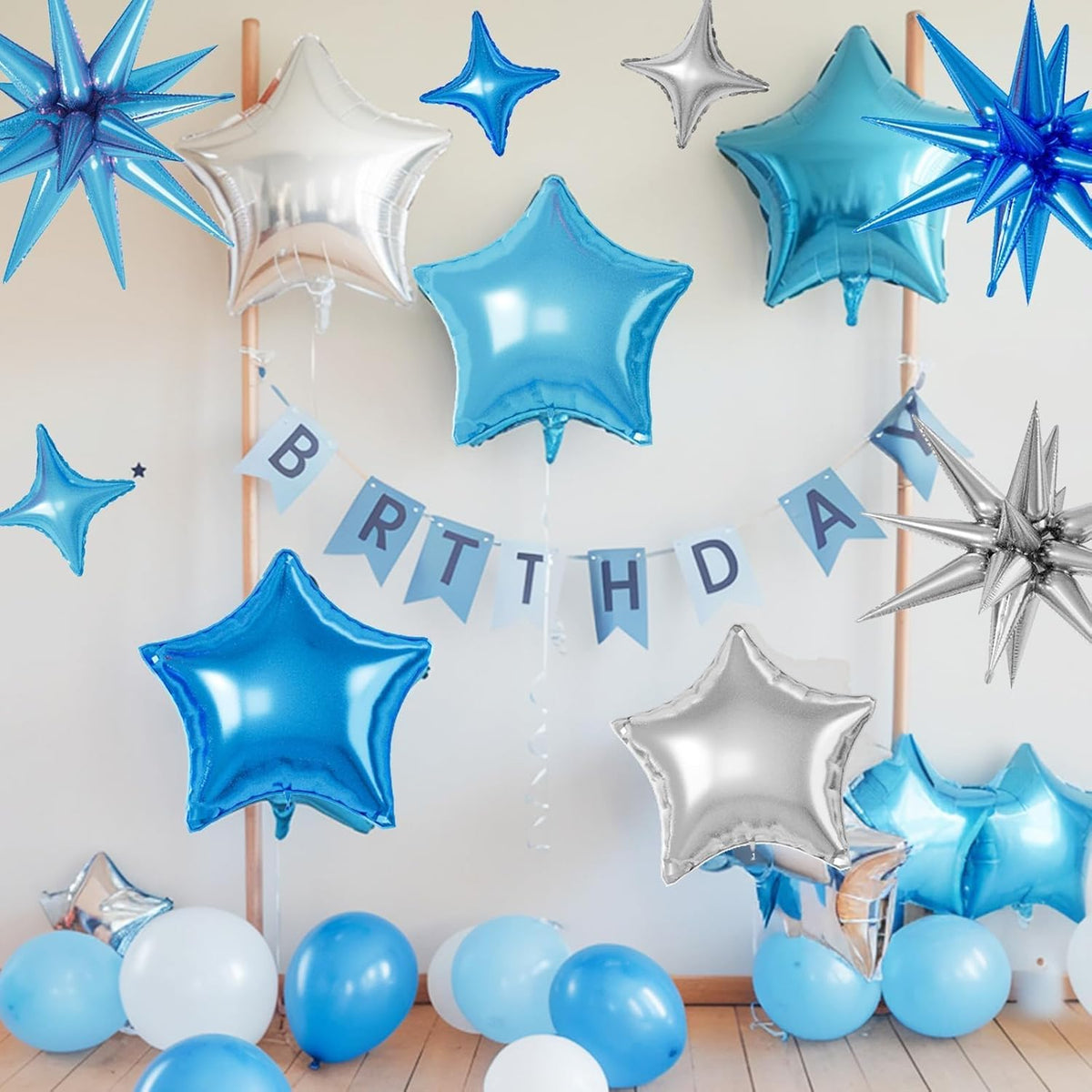 16 Pcs Blue Silver Star Balloons, 22/18/10 Inch Foil Balloons, Four-Pointed Balloon for Kids Boy