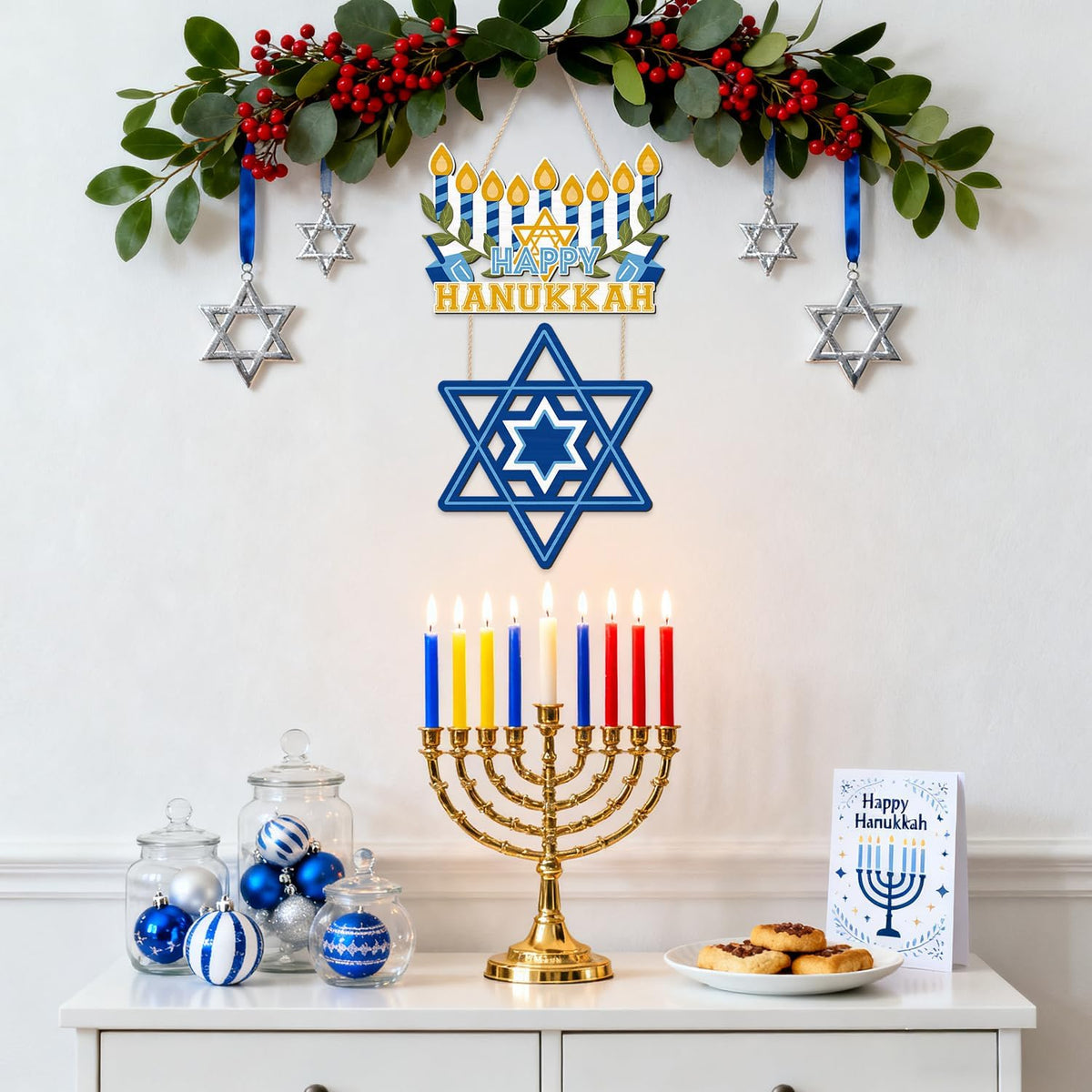 CHDITB Happy Hanukkah Shalom Front Door Sign(12"x20"), Wooden Jewish Festival of Light Blue Menorah
