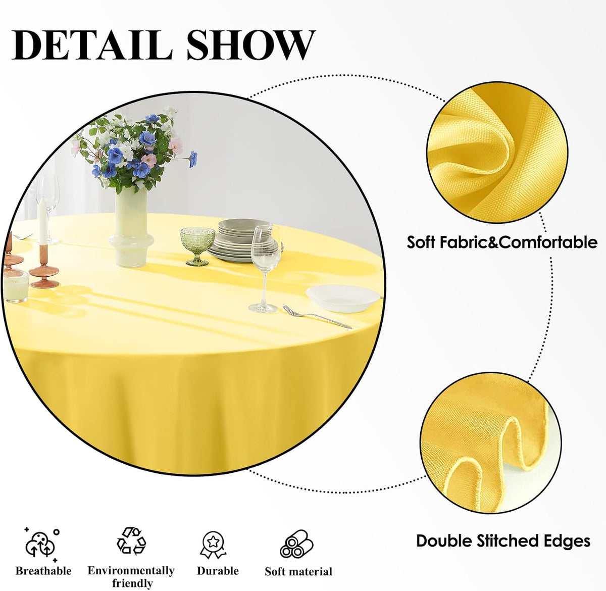 Round Tablecloth 120 Inch 2 Pack Yellow Tablecloths Washable Decorative Linen Polyester Table
