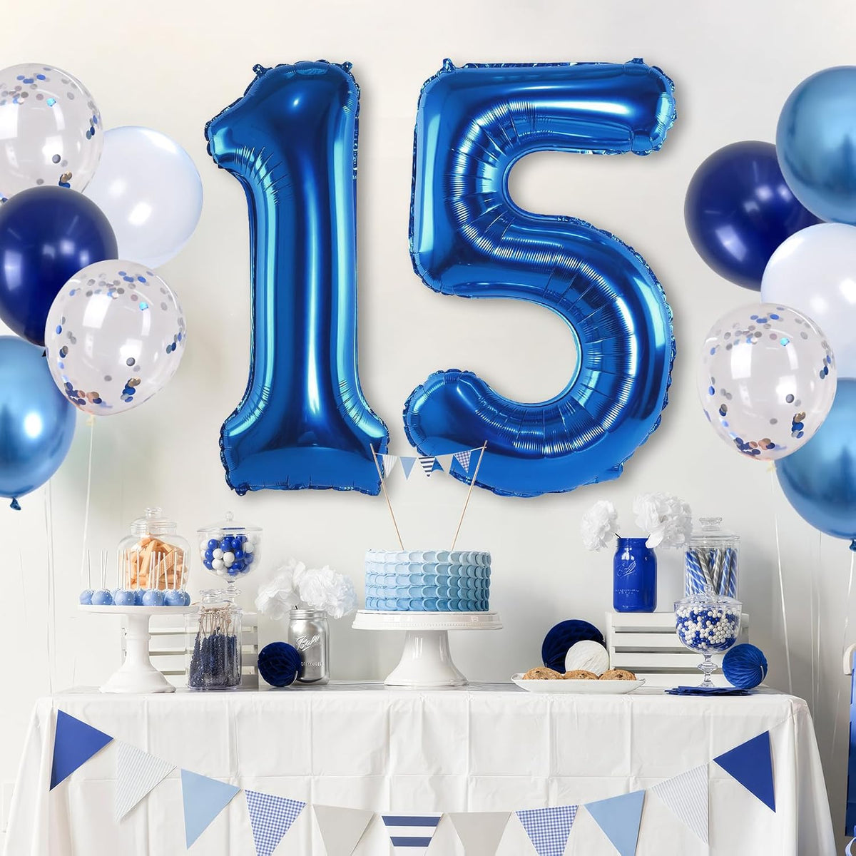 15th Birthday Balloon for Boys, Foil 40 Inch Self Inflating Number 15 Metallic Dark Blue, Navy Blue