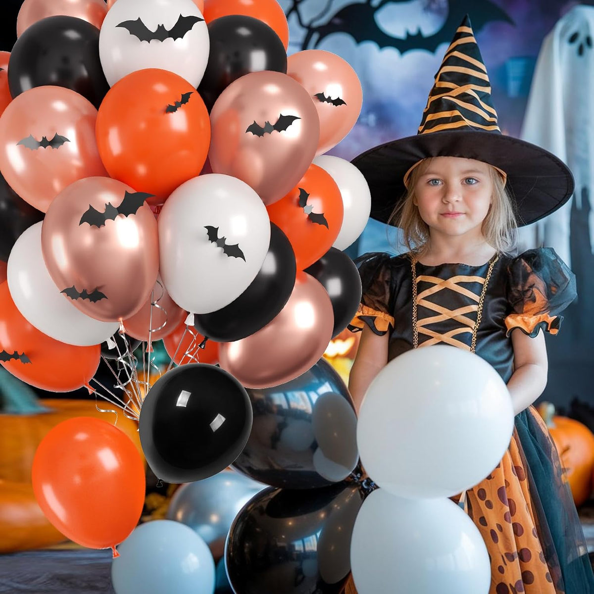 Halloween Balloons, 60PCS Black Orange Balloons, Black Orange White Rose Gold Balloon with 4