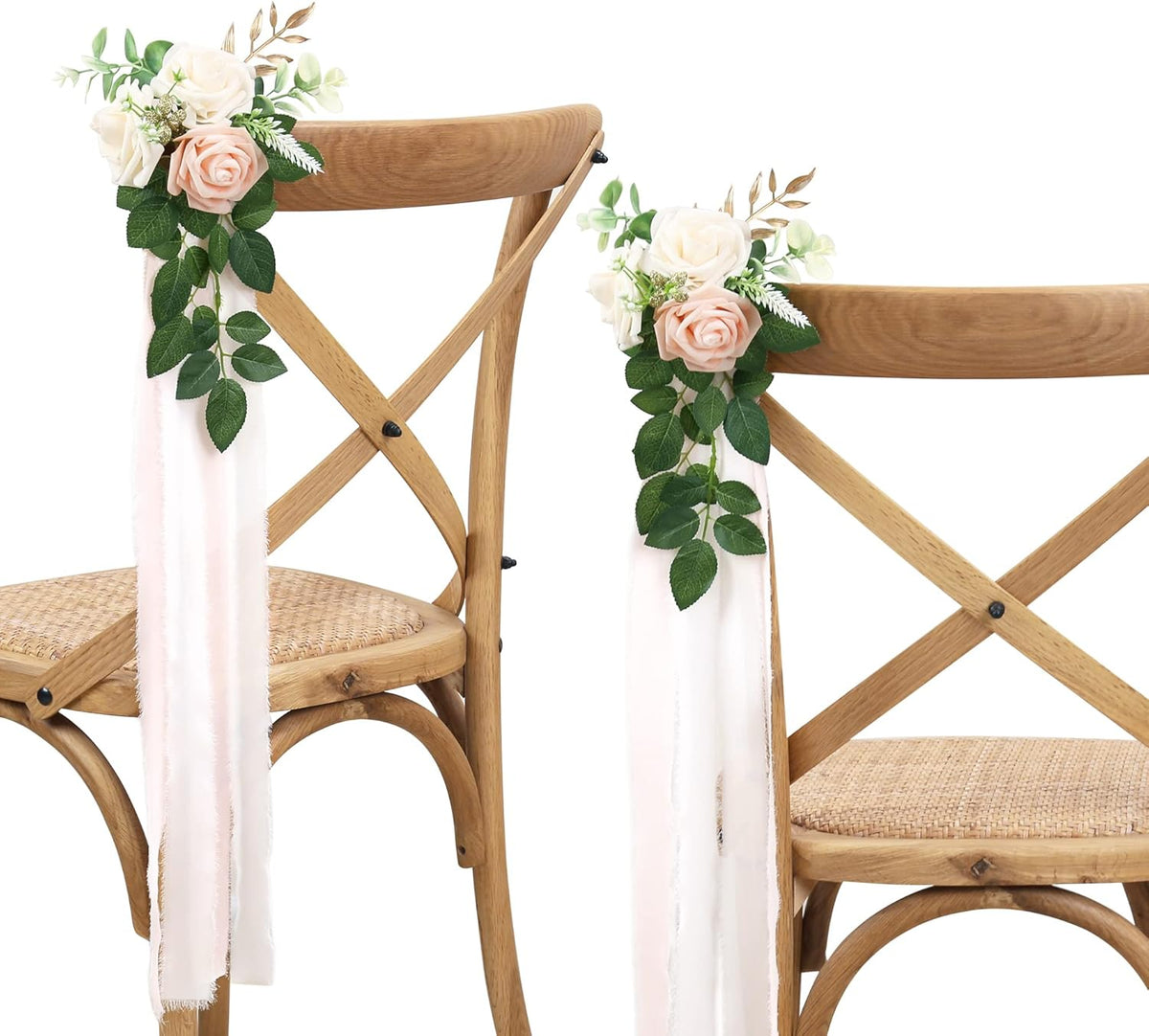Wedding Aisle Decorations - Set of 10 Pew Flowers - Artificial Roses & Eucalyptus - Pink & Cream