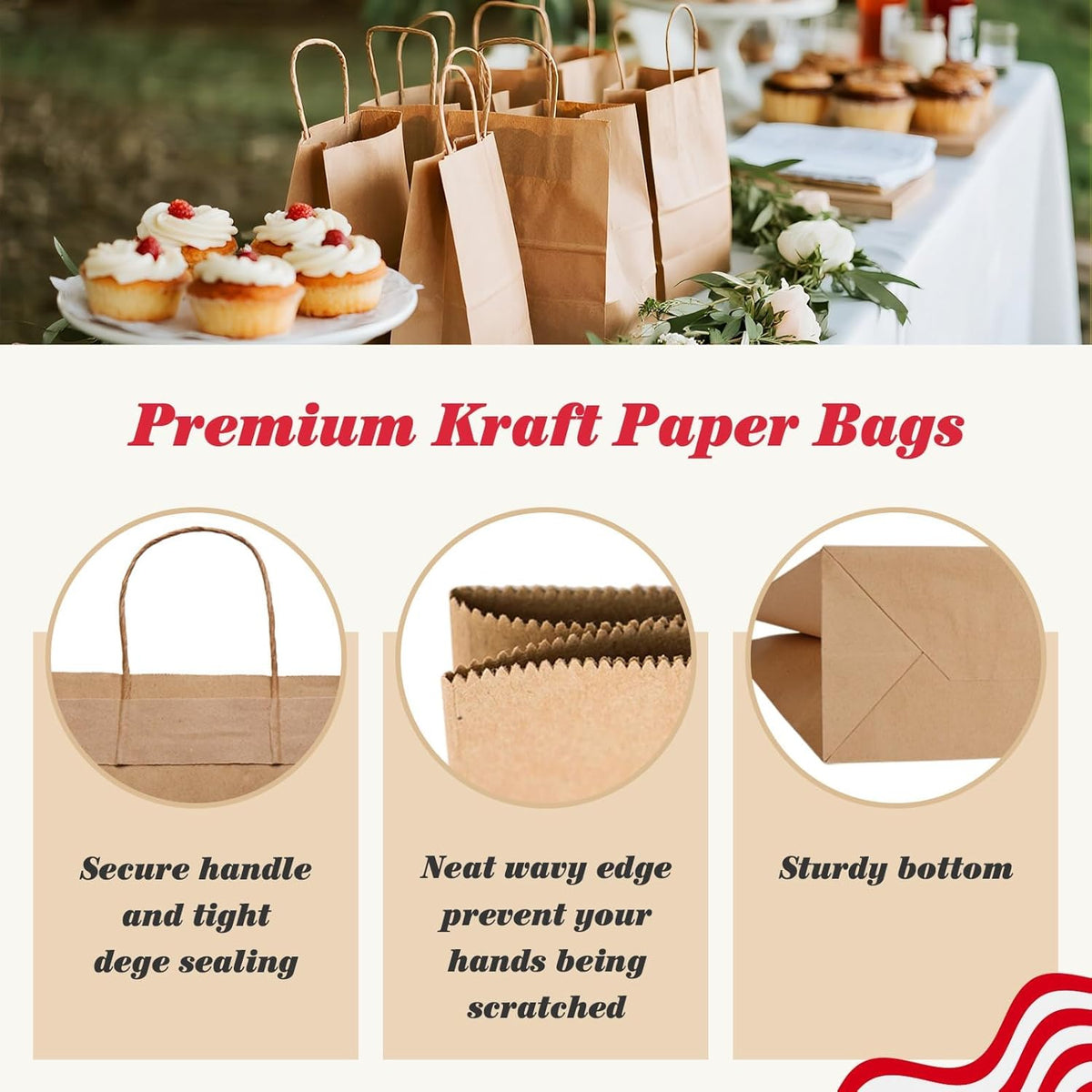 GSSUSA 100 Pack 8x4.25x10'' Paper Gift Bags with Handles Bulk, Brown Kraft Bags for Small Business