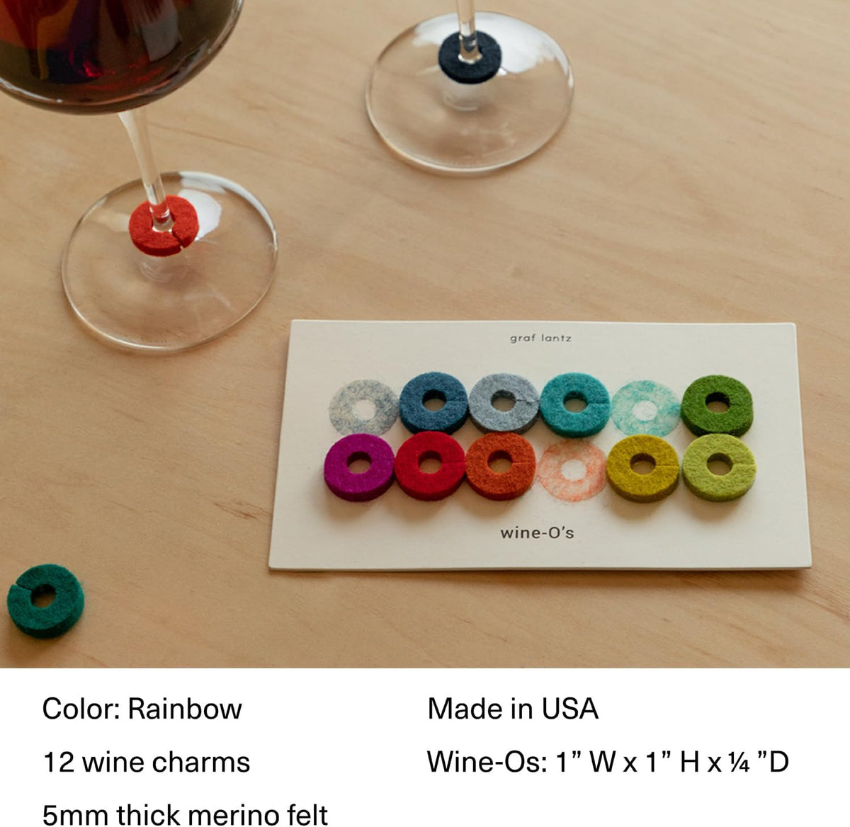 Graf Lantz - Wine-O's Merino Wool Wine Glass Charms (Rainbow) 12 Count - Drink Markers with Note