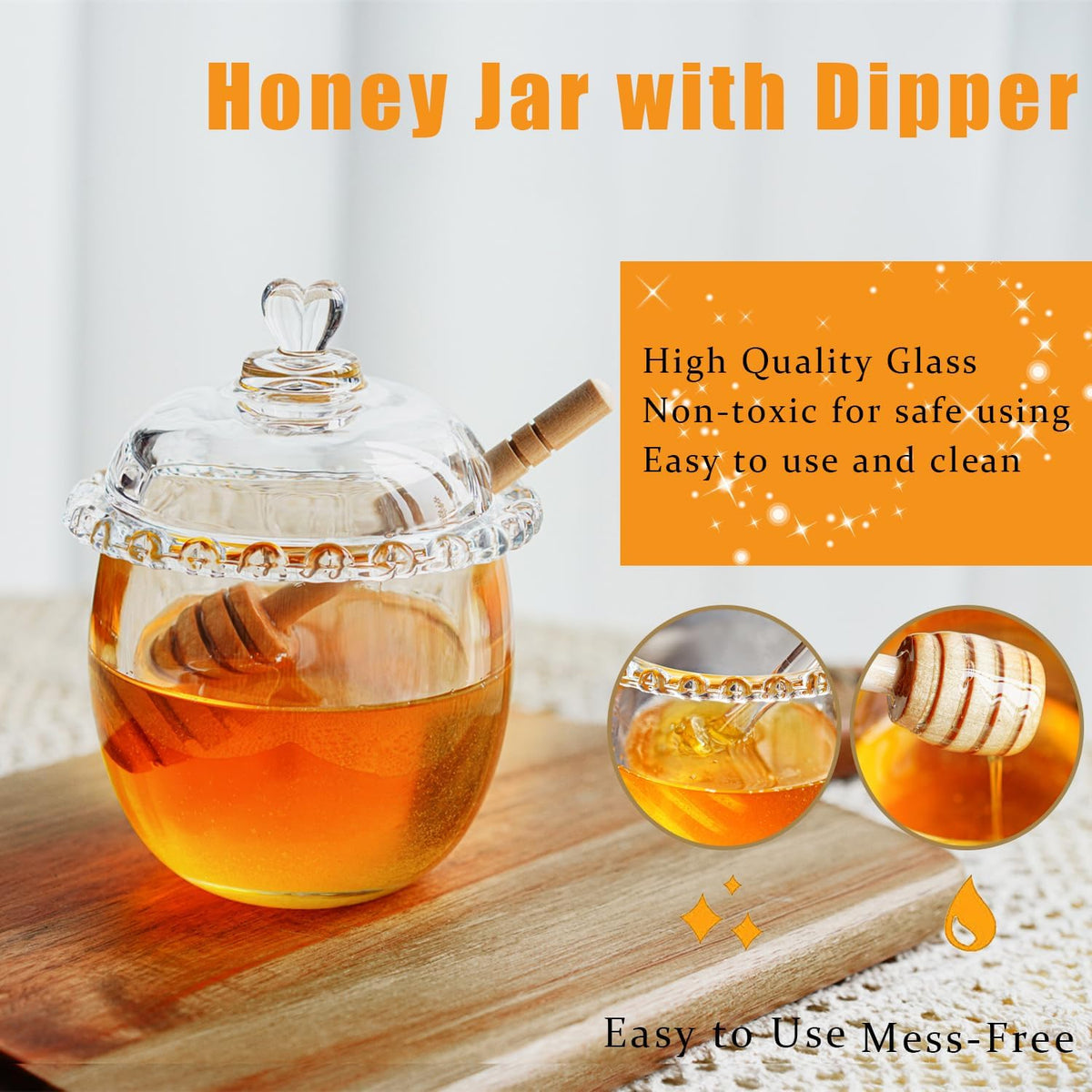 Kanpura Glass Honey Jar with Dipper and Lid, 6oz Crystal Honey Dispenser, Containers for Home