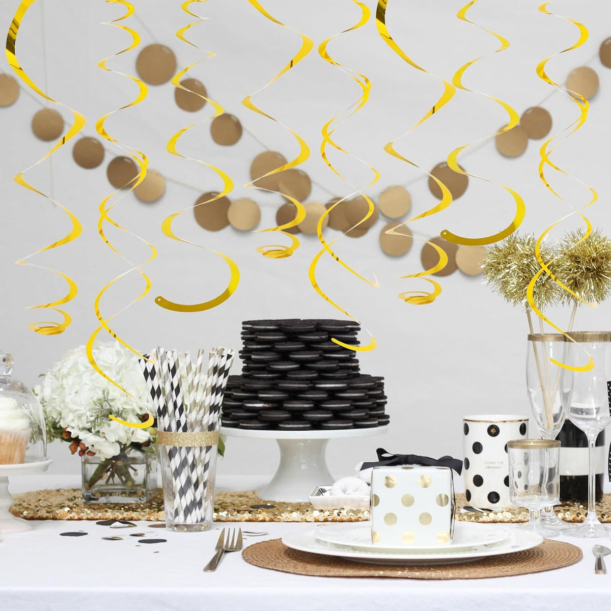 24 PCS Gold Foil Hanging Swirl, Sparkle Ceiling Hanging Decorations, Plastic Streamer Party