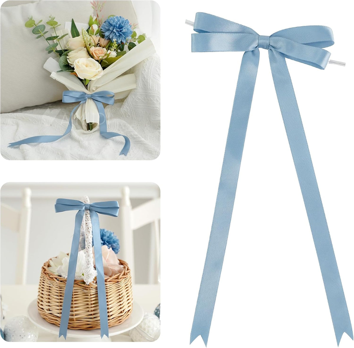AIMUDI Dusty Blue Bows 5 × 10" Satin Bows for Gift Wrapping Twist Tie Bows Premade Ribbon Bows for