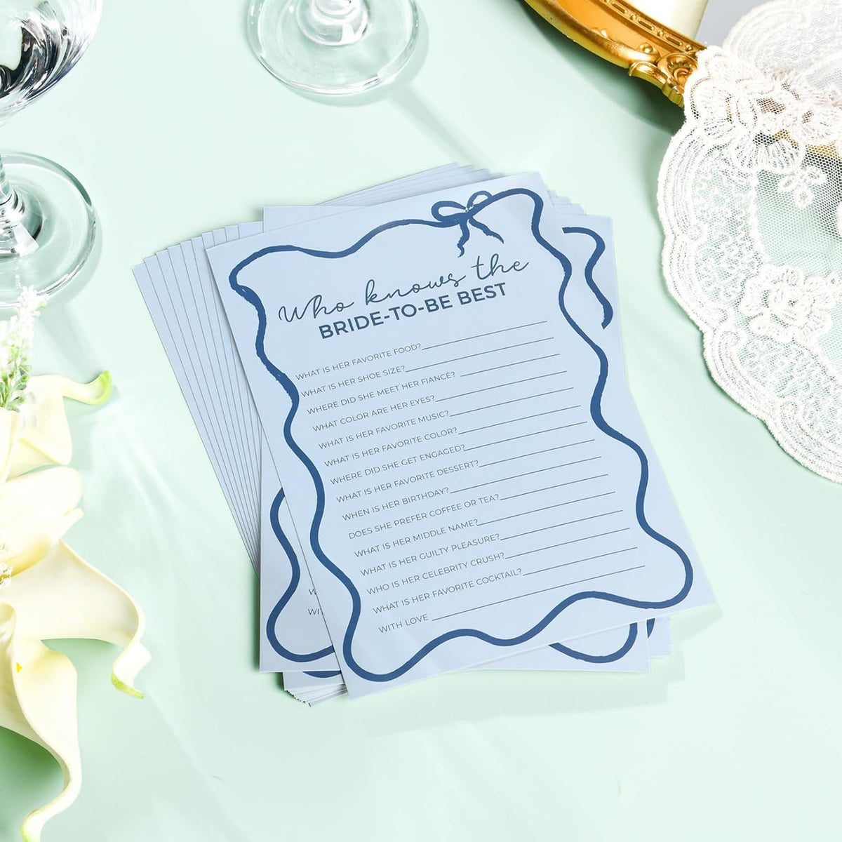 DEEKA 30 PCS Bridal Shower Games Card for 30 Guests Blue Wavy Border Ribbon Bow Funny Wedding