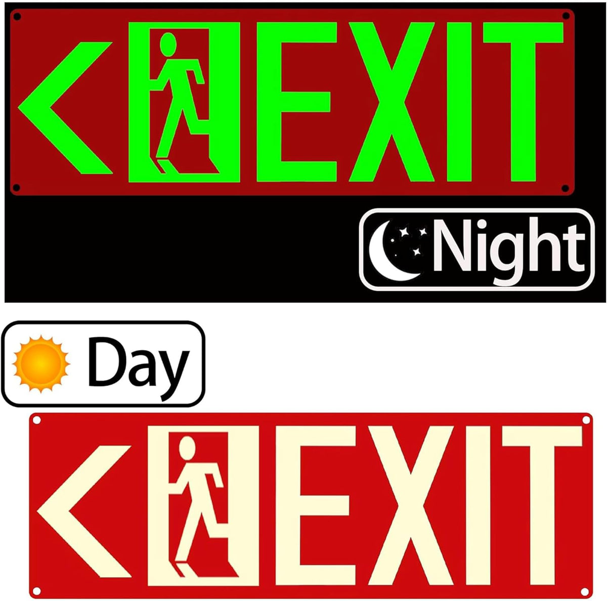 Photoluminescent Exit Signs, 14x5 inches, Red with Glow in Dark Feature, Self-Adhesive Aluminum