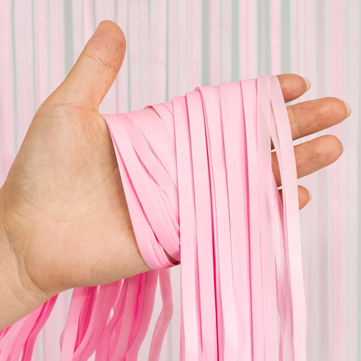 Pastel Pink Party Backdrop Decoration - GREATRIL Baby Pink Foil Fringe Streamers for Baby/Boo