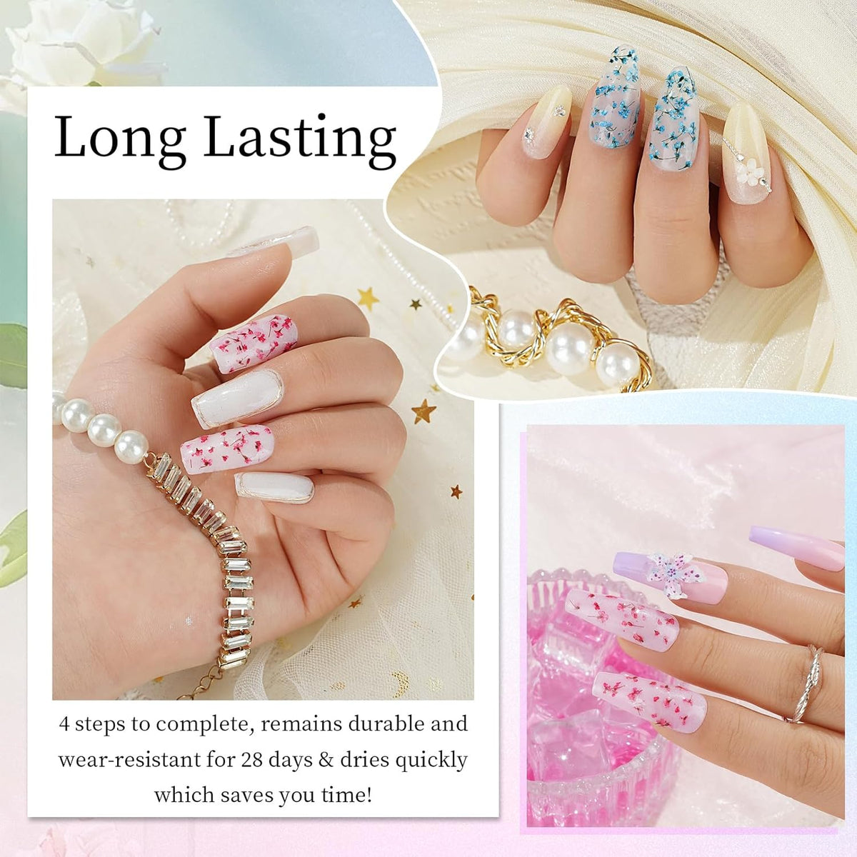Dip Powder Nail Transparent Crystal Dried Flower Set, 6 Colors Dipping Powder Kit With Base & Top