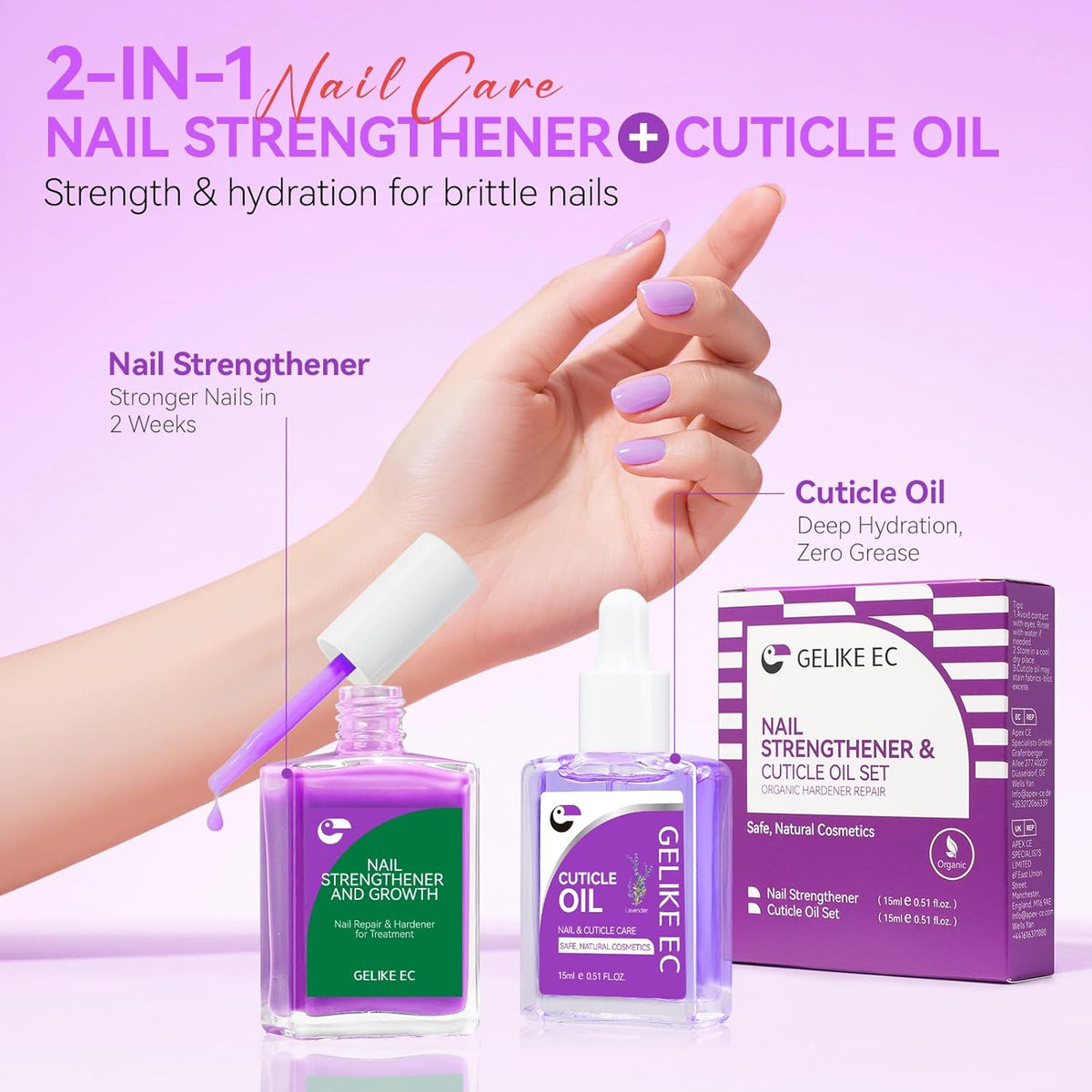 Gelike EC Nail Kit for Beginners: Purple Easy-Use nail polish strengthener & Lavender Oil for Thin