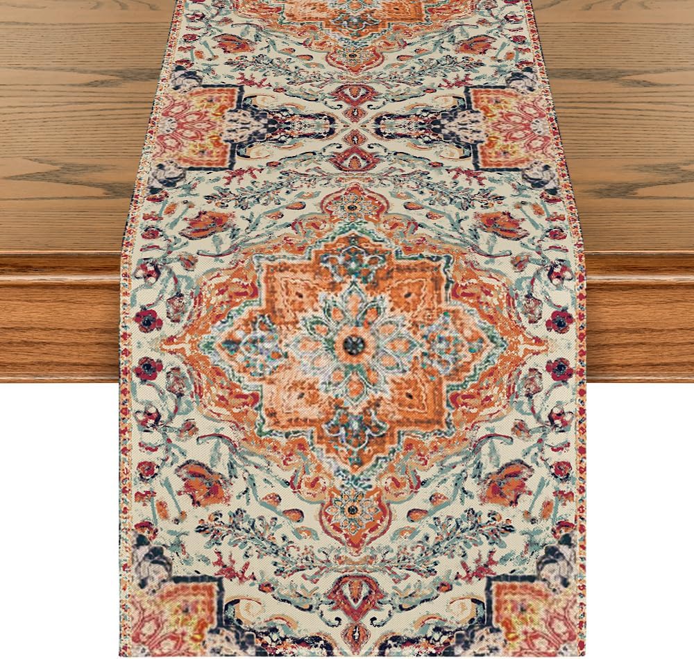 Artoid Mode Boho Bohemia Style Orange Table Runner, Country Rustic Farmhouse Magical Fall Kitchen