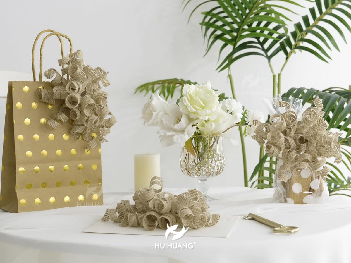 HUIHUANG Burlap Gift Bows Curly Bows for Gift Wrapping Self Adhesive Burst Gift Bow for Baby