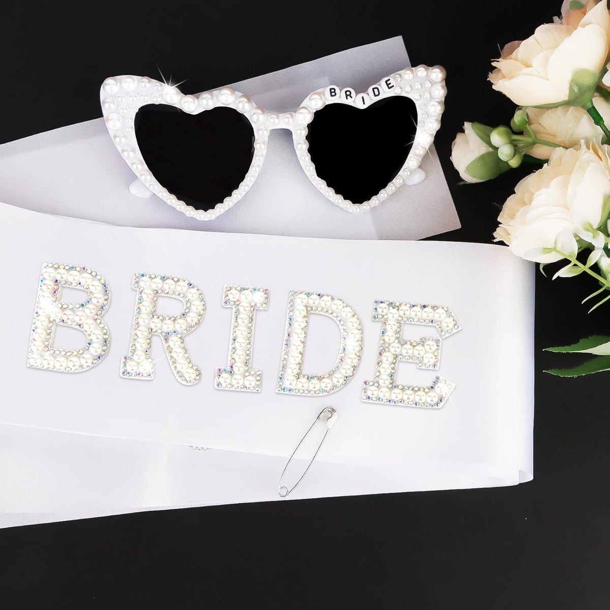 White Bride Sash & Heart Sunglasses Set Bachelorette Party Decorations Bridal Shower Engagement
