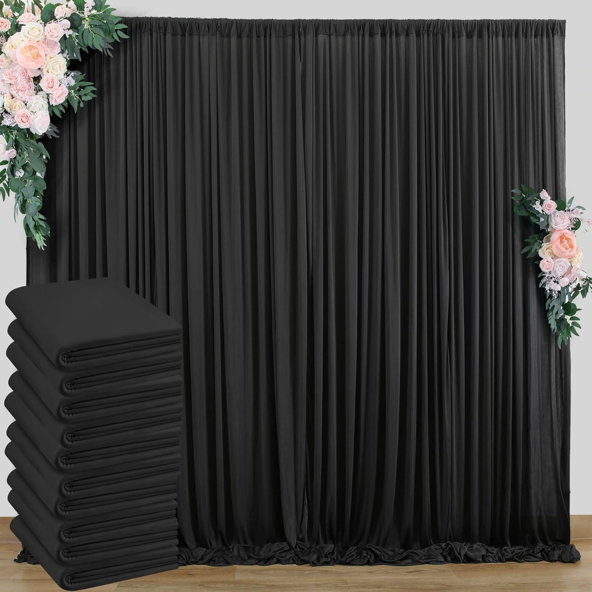 50 ft x 10 ft Wrinkle Free Black Backdrop Curtain for Parties, 10 Panels Polyester Black Photo