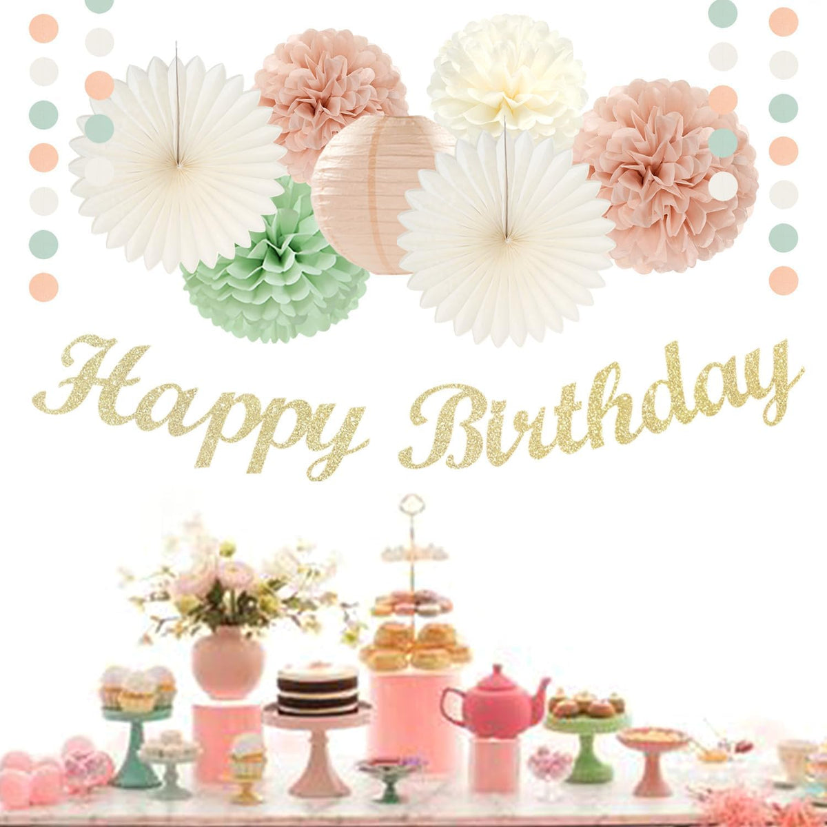 Sage-Green Pink First Happy Birthday Party-Decorations - 22pcs 18th Women Girls Paper Lanterns