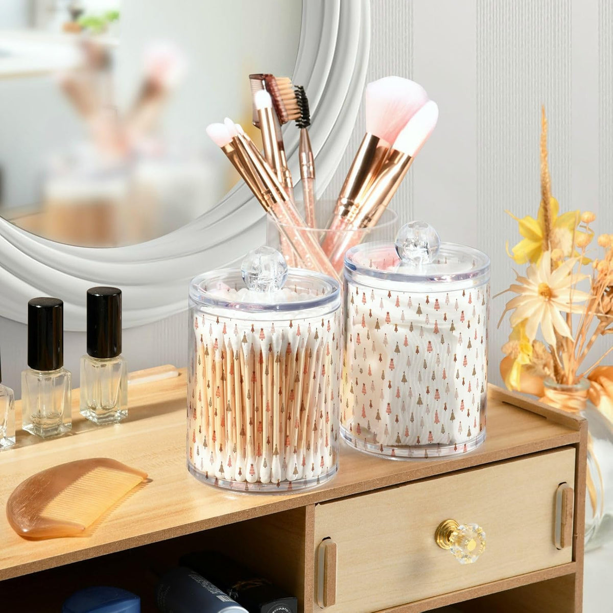 Gredecor 2 Pack Qtip Holder Clear Pastel Christmas Tree Pink Forest Apothecary Jars with Lids