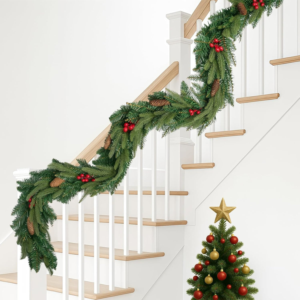 6FT Christmas Garland Artificial Norfolk Pine Tree Greenery, Cedar Cypress with Red Berries Pine