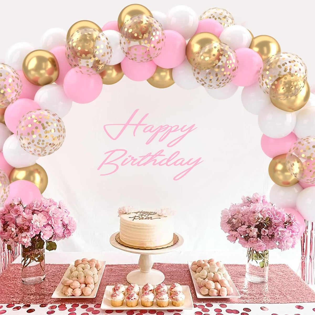 Patimate Pink Gold Confetti Balloons Set, 50 pcs 12 inch Metallic Gold Pastel Pink White Confetti