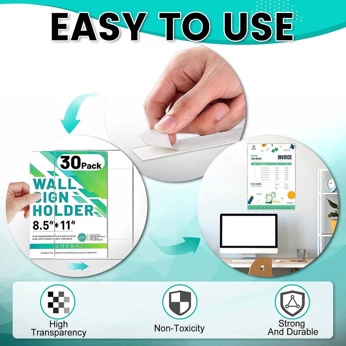 Aheroi 30Pcs Acrylic Sign Holder 8.5 x 11, Clear Wall Sign Holder 8.5 x 11 Wall Mount with 60 Tape