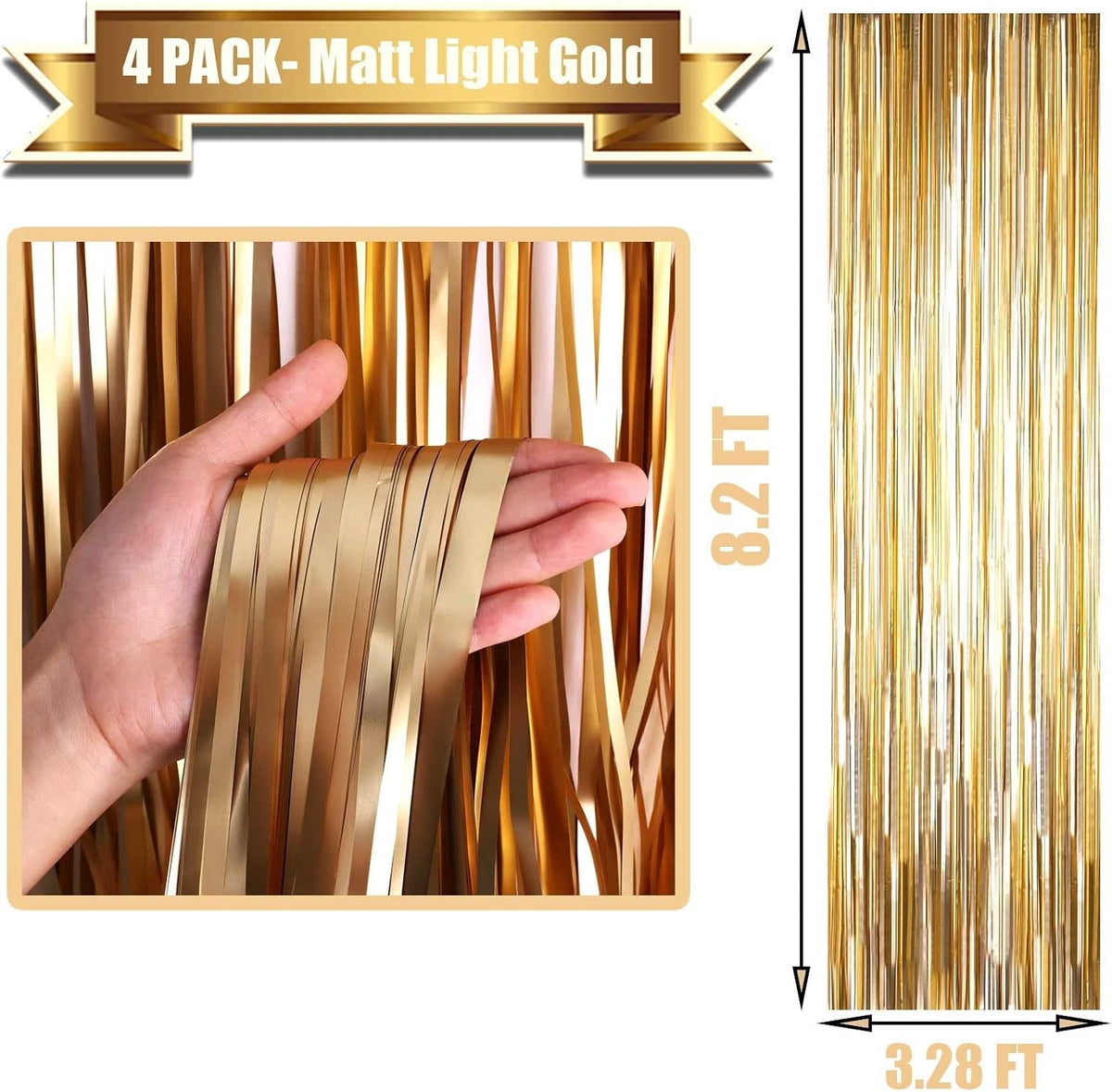 4 Pack Champagne Gold Foil Fringe Curtain Backdrop, 3.28Ft x 8.2Ft Metallic Tinsel Streamer
