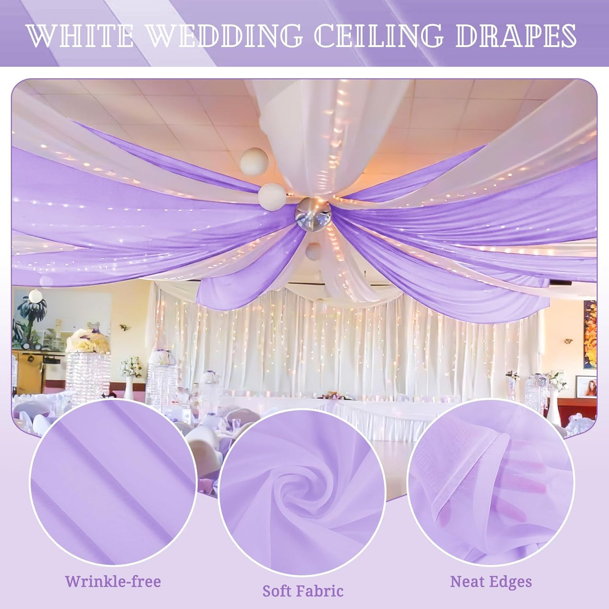 6 Panels Lavender Ceiling Drapes for Wedding 5ftx20ft Chiffon Fabric Arch Draping Curtains Sheer