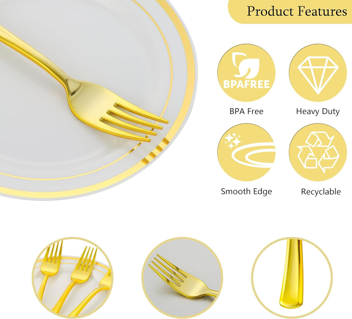 120pcs Gold Dessert Plates with Forks for 60 Guests-60pcs 7.5" Small Plastic Dessert Plates and