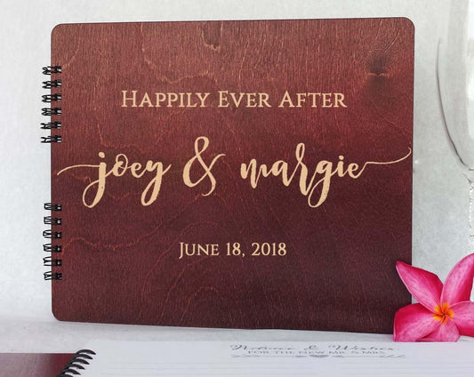 Wooden Wedding Guest Book Personalized (11"x8.5", Mahogany Stain) Wood for Bride and Groom Vintage