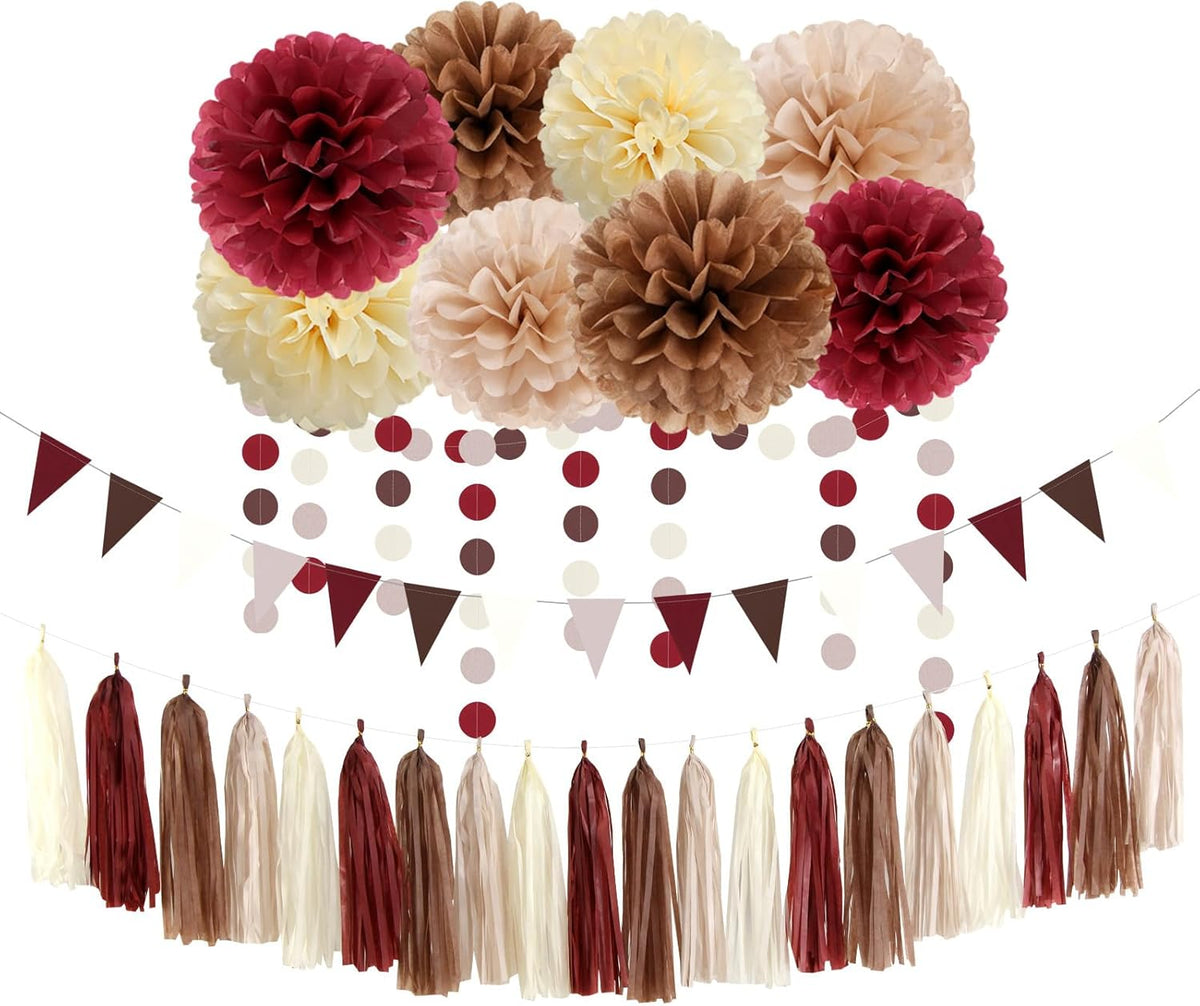 Brown Burgundy Champagne-Gold Party-Decorations - 30pcs Rustic Boho Wedding Tissue Pom-Poms