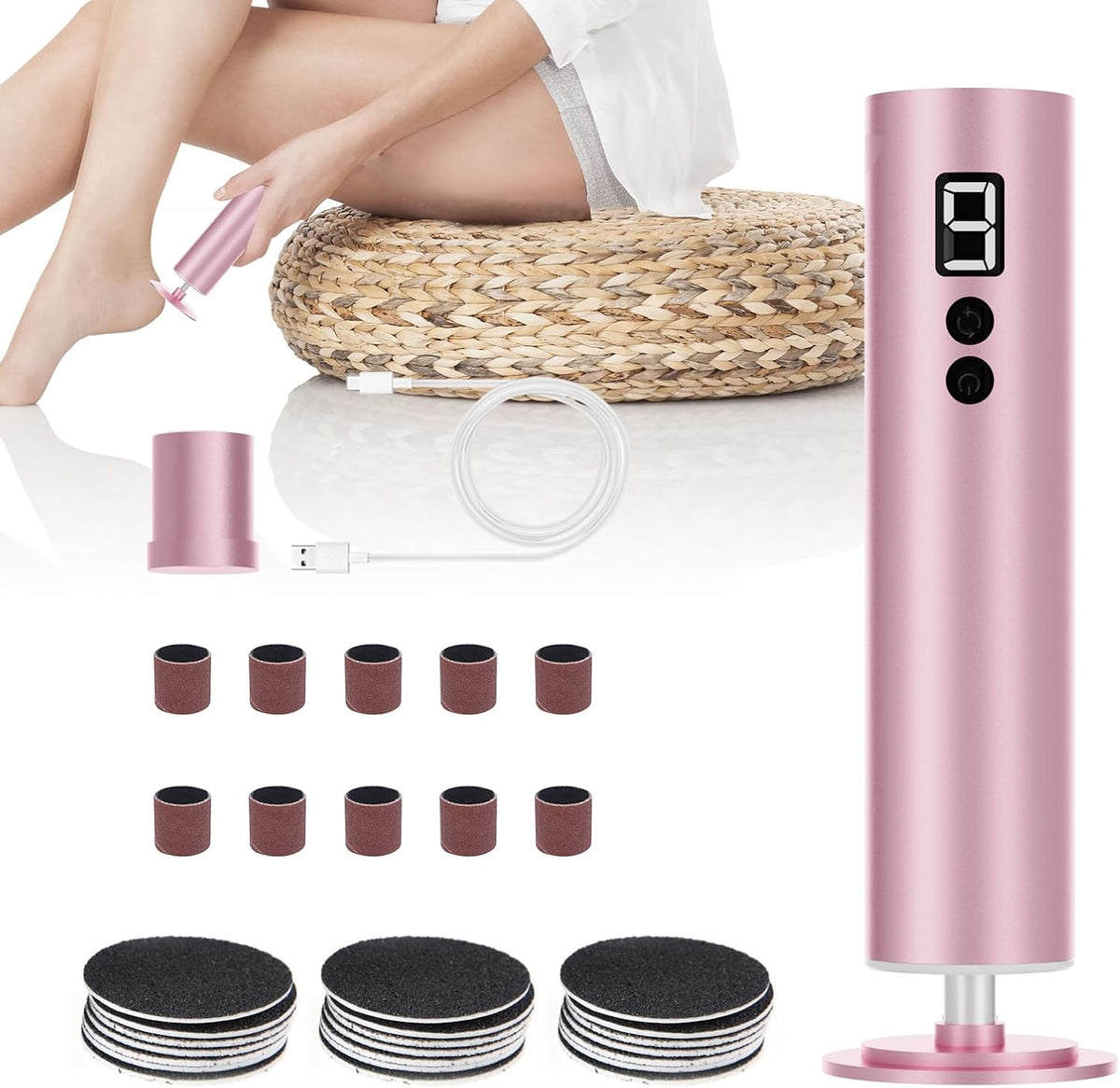 Powerful Electric Foot File & Callus Remover - Over 1-Hour Continuous Use, 360° Rotating Grinder