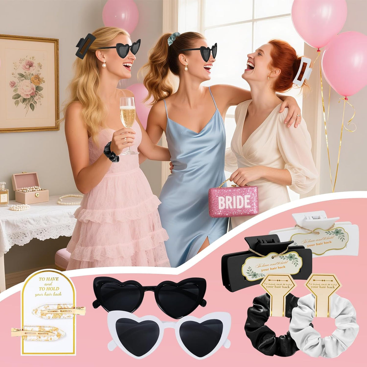 Black Bridesmaid Gift Box for Proposal, 8PCS Hair Claw, Scrunchies, Makeup Clips & Heart Sunglasses