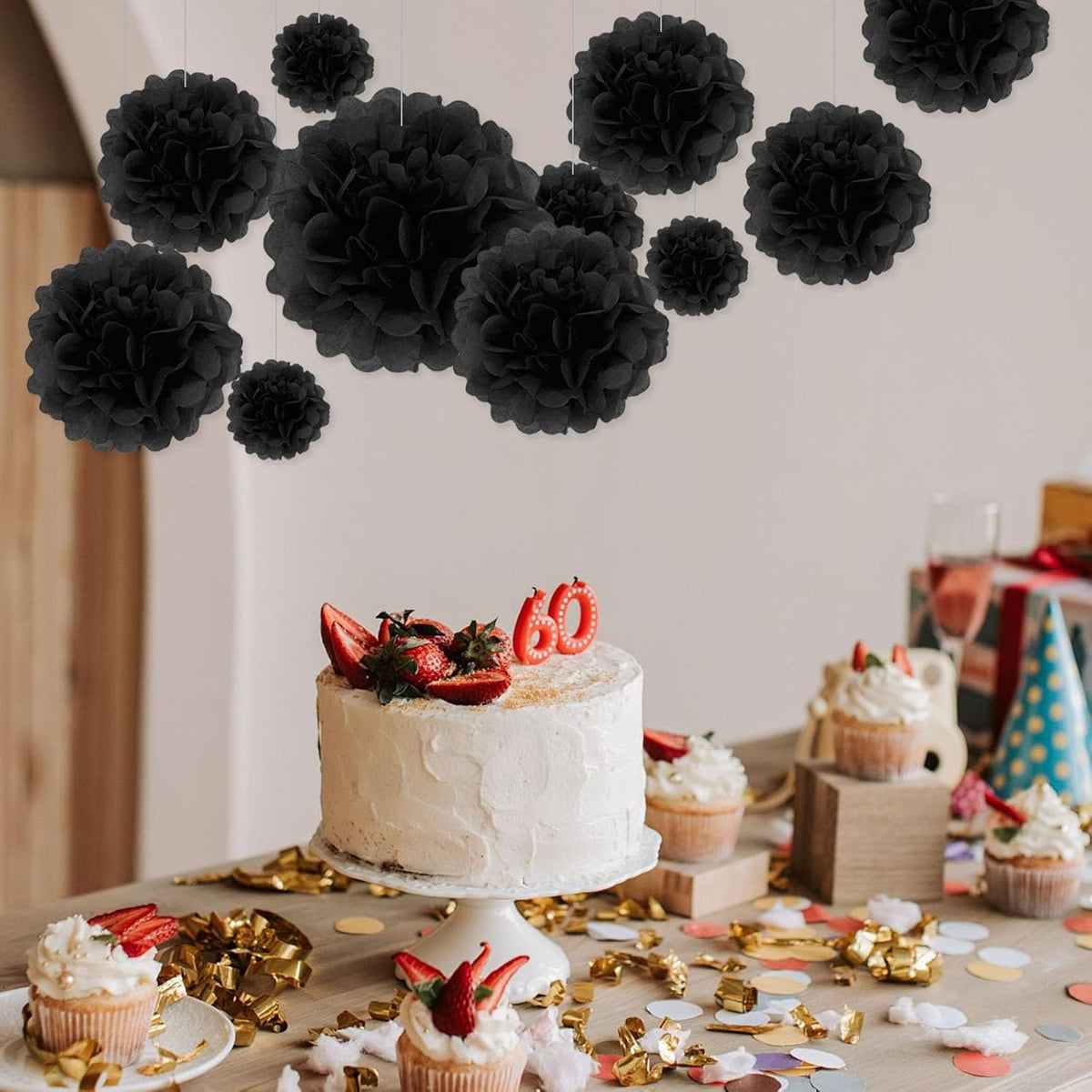 Tissue Paper Pom Poms, Black Tissue Paper Flowers, Hanging Flower Balls for Weddings Fiesta Parties