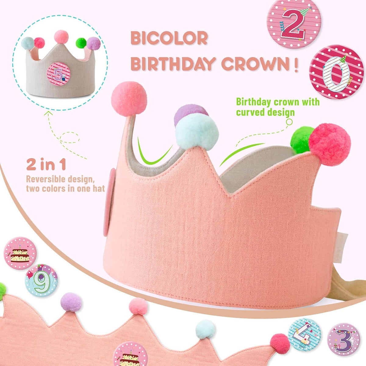 Reusable Birthday Crown with Numbers,Kids Birthday Hat Fabric Crown Pertain Kids Boy Toddler Girl