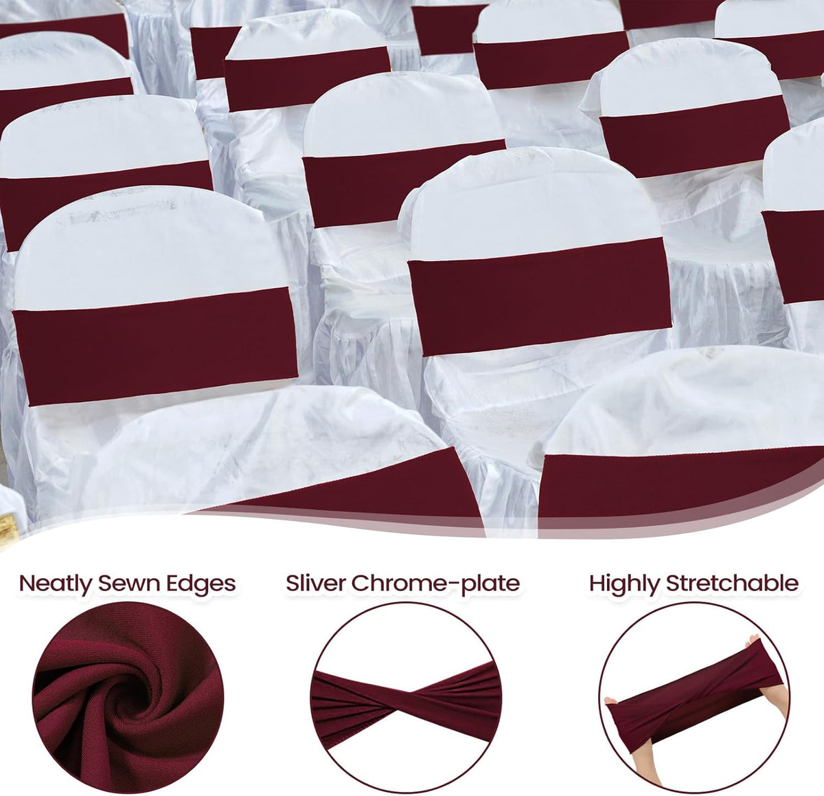 Kinlop 50 Pcs Spandex Chair Sashes Bows Chair Bands Slider Sashes for Covers Elastic Bands Ties