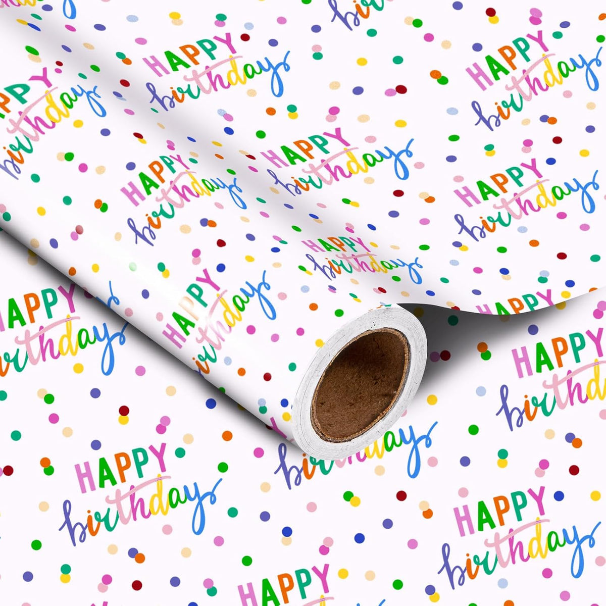 LeZakaa Birthday Wrapping Paper Roll, Happy Birthday Lettering & Colored Polka Dots Design in White
