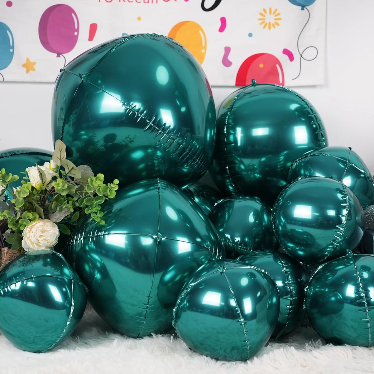 12Pcs Dark Green Round Foil Balloons, 22" 15" 10" 4D Helium Ball Balloon, Metallic Green Foil