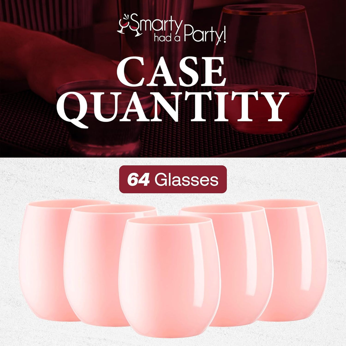 Smarty Had A Party 64 Glasses 12 oz. Solid Pink Elegant Stemless Plastic Wine Glasses, Disposable