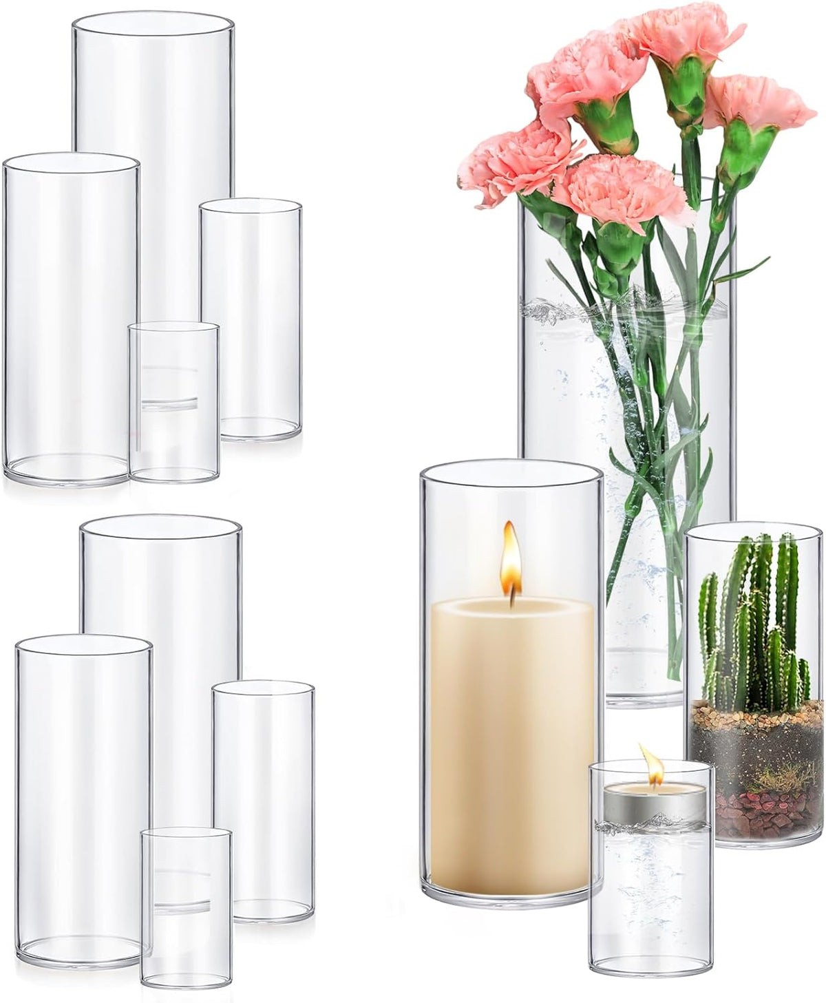 8 Pack Glass Cylinder Vases 4,6,8,10 Inch Tall Clear Flower Vase Hurricane Floating Candle Holder
