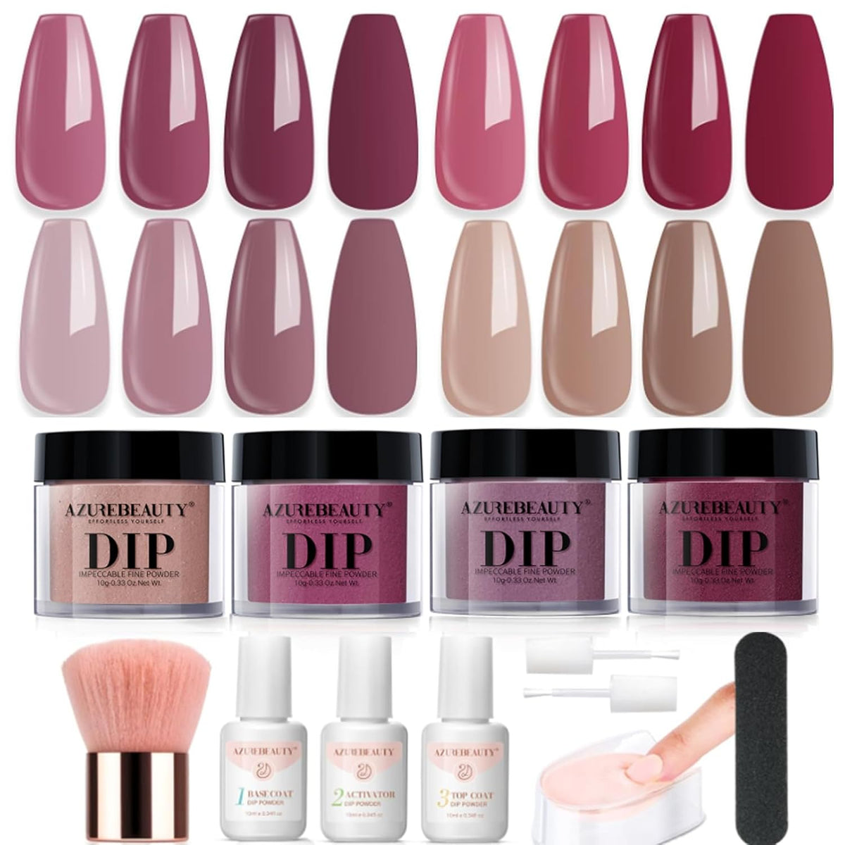 4 Colors Dip Nails Powder Kit, AZUREBEAUTY Fall Winter Brown Purple Dipping Powder Starter Set with