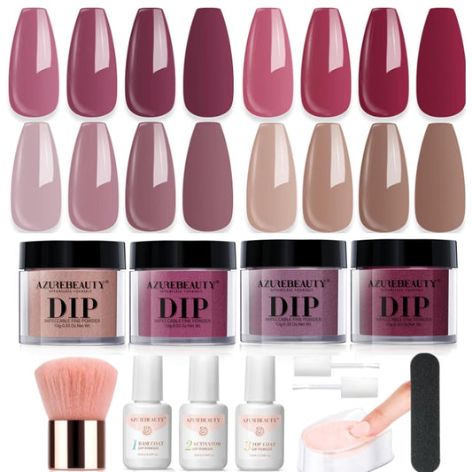 4 Colors Dip Nails Powder Kit, AZUREBEAUTY Fall Winter Brown Purple Dipping Powder Starter Set with