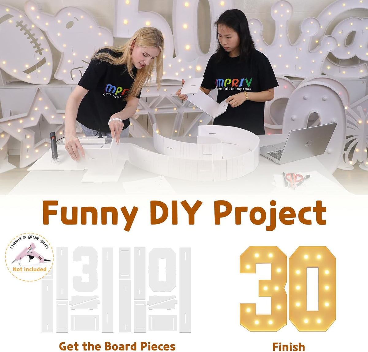 imprsv 4FT Light Up Numbers, Marquee Numbers 30th Birthday Decorations for Women, Men Foam Board